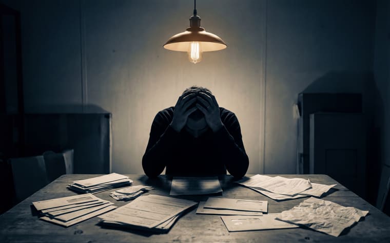 Pessoa preocupada com dívidas e bloqueios financeiros